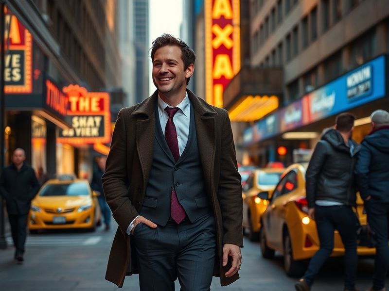 A confident Jesse Tyler Ferguson on stage, mid-performance with expressive gestures, dressed in a stylish yet understated out