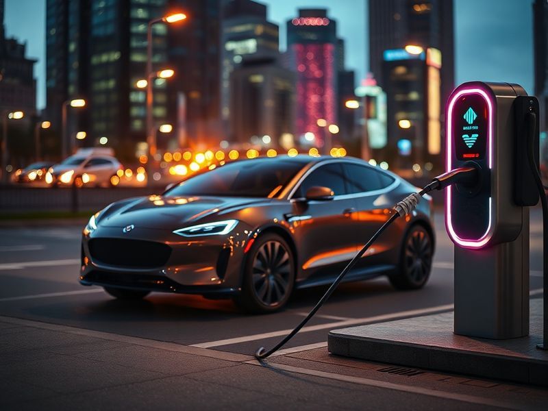 A sleek electric vehicle charging at a modern urban charging station, with a city skyline in the background during golden hou
