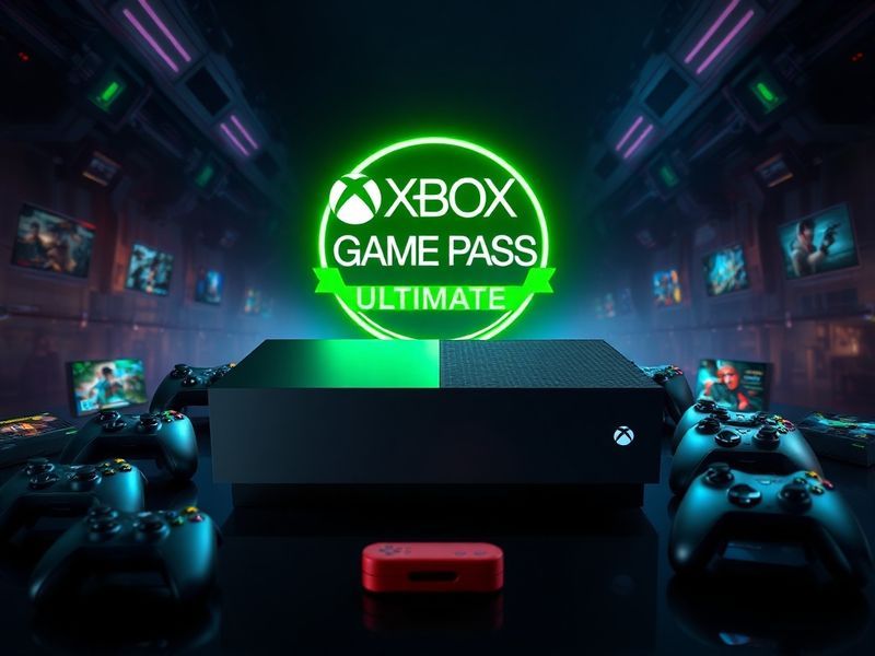 A split-screen image showing a gamer playing on a TV with a Game Pass Ultimate library overlay on a tablet. The scene is brig