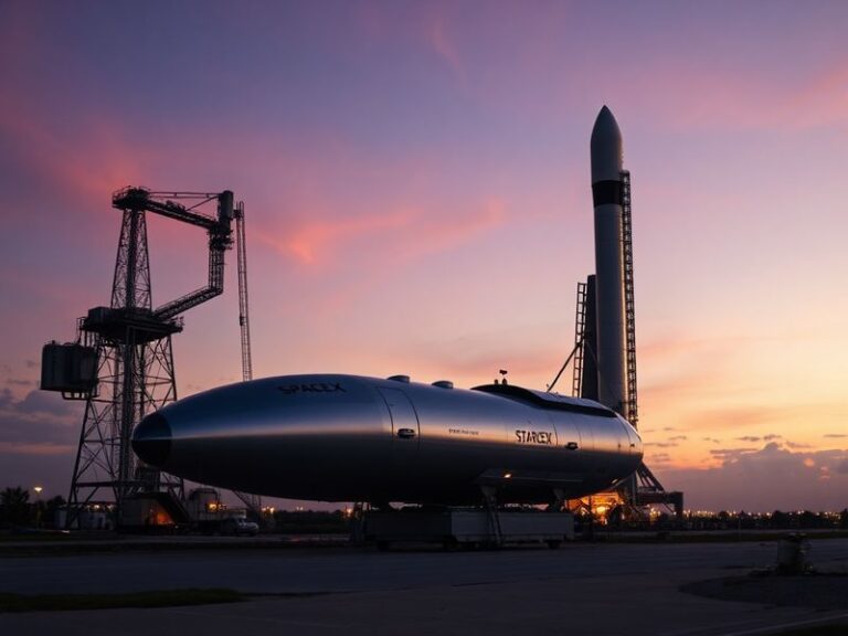 A high-angle shot of a modern space launch pad at dusk, showing a rocket on the launchpad with exhaust plumes forming a drama