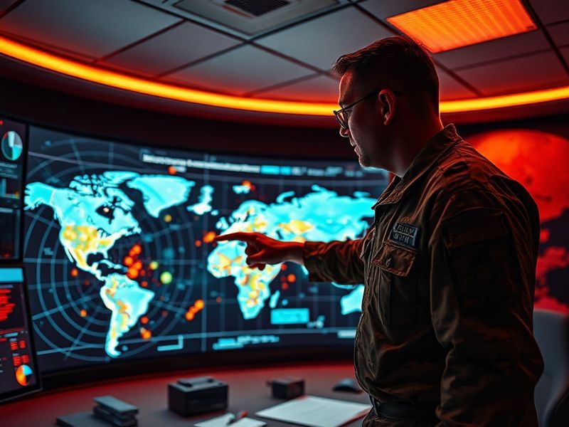A split-image scene: on one side, a military officer monitoring a cybersecurity dashboard with holographic data streams; on t