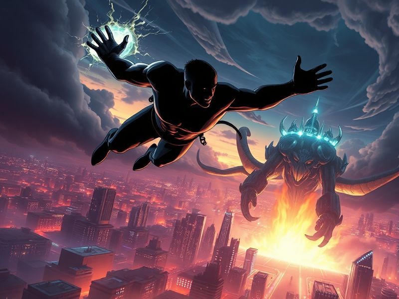 A dynamic promotional image featuring Mark Grayson in his Invincible suit mid-flight, with Omni-Man looming in the background