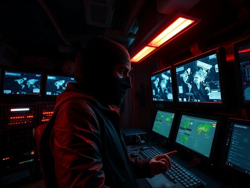 A split-screen image: on one side, a futuristic cybersecurity command center with holographic displays showing global threat