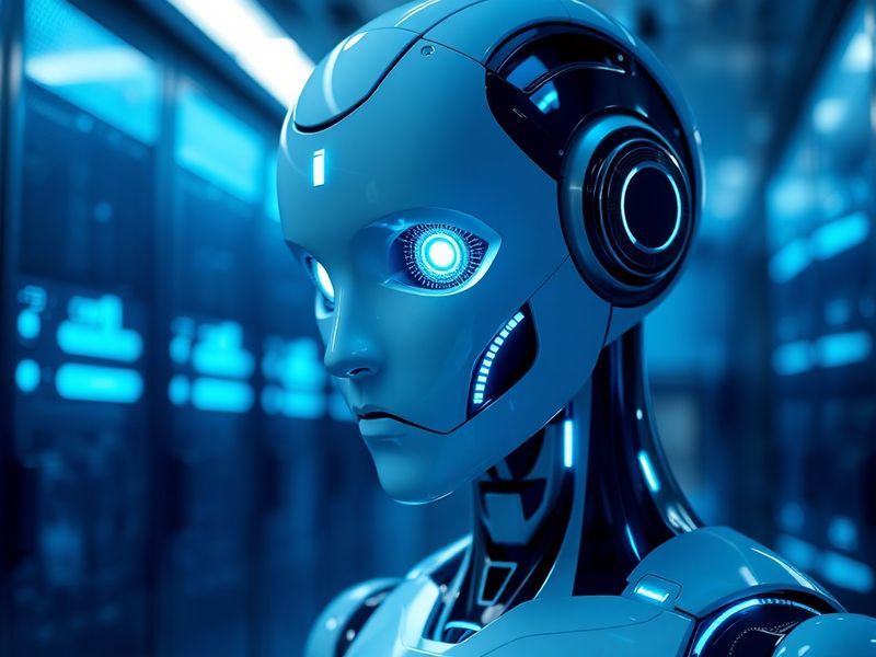 A futuristic cityscape at dusk with holographic AI interfaces floating above buildings, showcasing data streams, neural netwo