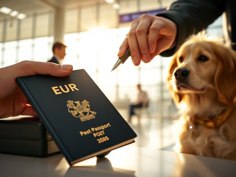 A happy dog with an EU pet passport in its mouth, standing on a cobblestone street in a European city with historic architect