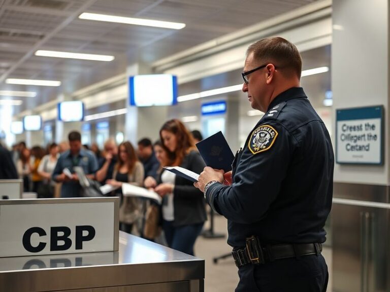 Aerial view of a busy U.S. border crossing with long lines of vehicles and CBP officers inspecting cargo trucks under clear s