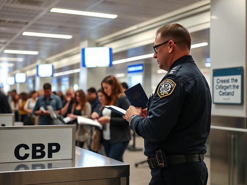 Aerial view of a busy U.S. border crossing with long lines of vehicles and CBP officers inspecting cargo trucks under clear s