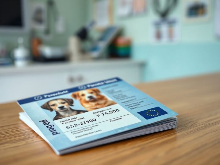 A European family with their dog at a border crossing, holding an EU Pet Passport while a border officer checks documentation
