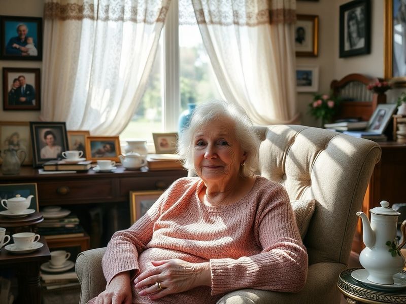 A candid portrait of Elsie Kelly seated in a minimalist, book-lined room, bathed in soft natural light, with a thoughtful exp