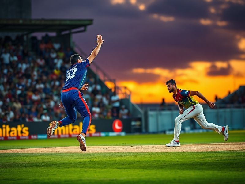 A vibrant cricket stadium packed with fans, players in action during a high-tension moment, and the Karachi Kings and Peshawa