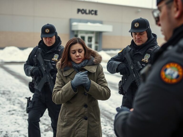 A U.S. military base overseas with a spouse in civilian clothes being approached by ICE agents in uniform, surrounded by conc