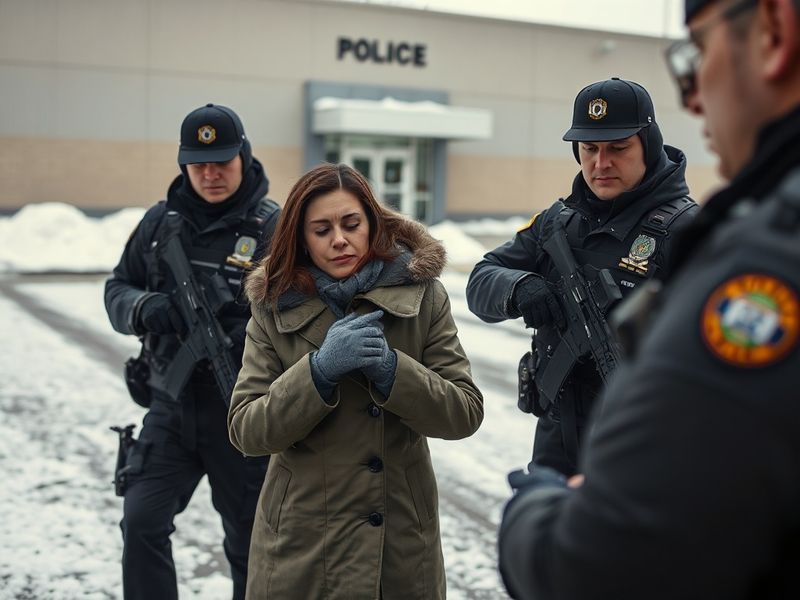 A U.S. military base overseas with a spouse in civilian clothes being approached by ICE agents in uniform, surrounded by conc
