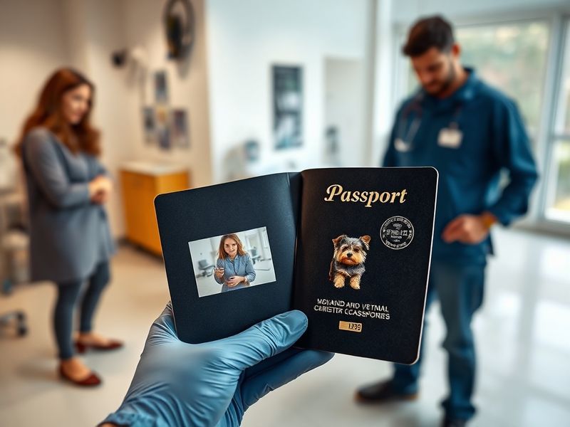 A happy dog holding an EU Pet Passport in its mouth, standing on a European map with travel icons like a suitcase and airplan
