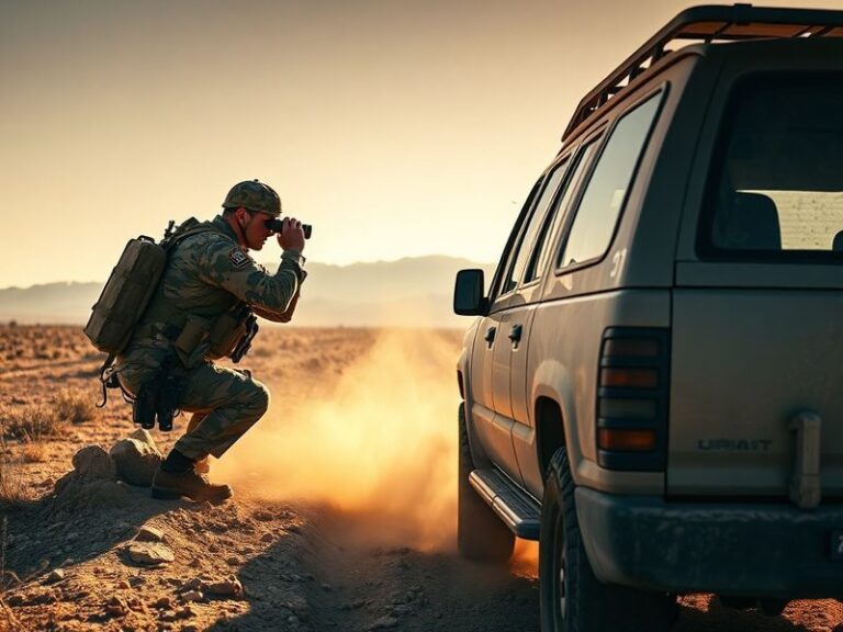 Aerial view of the U.S.-Mexico border fence stretching through arid desert terrain, with Border Patrol agents in vehicles pat
