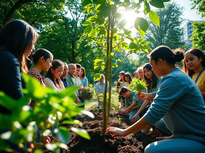 A diverse group of people planting trees in a community garden on a sunny spring day, with Earth Day 2024 banners visible in