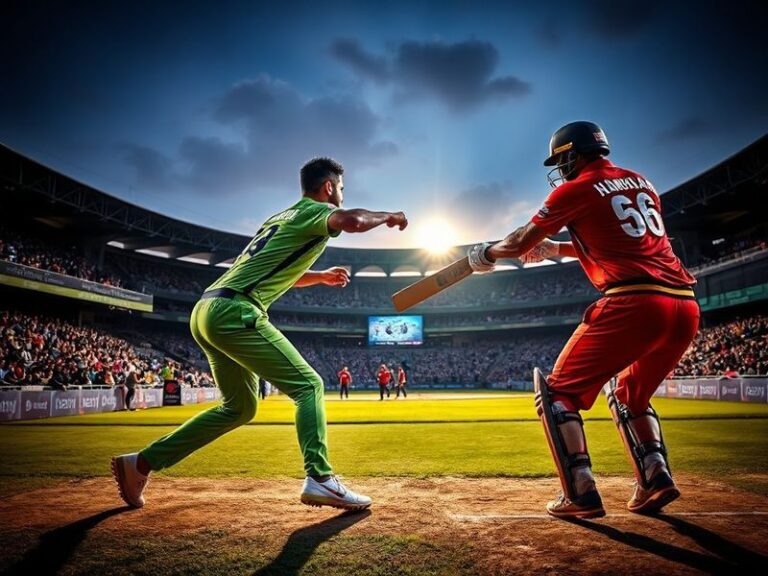 A vibrant stadium scene at night with Karachi Kings in blue and Peshawar Zalmi in maroon, fans holding flags and banners, dho