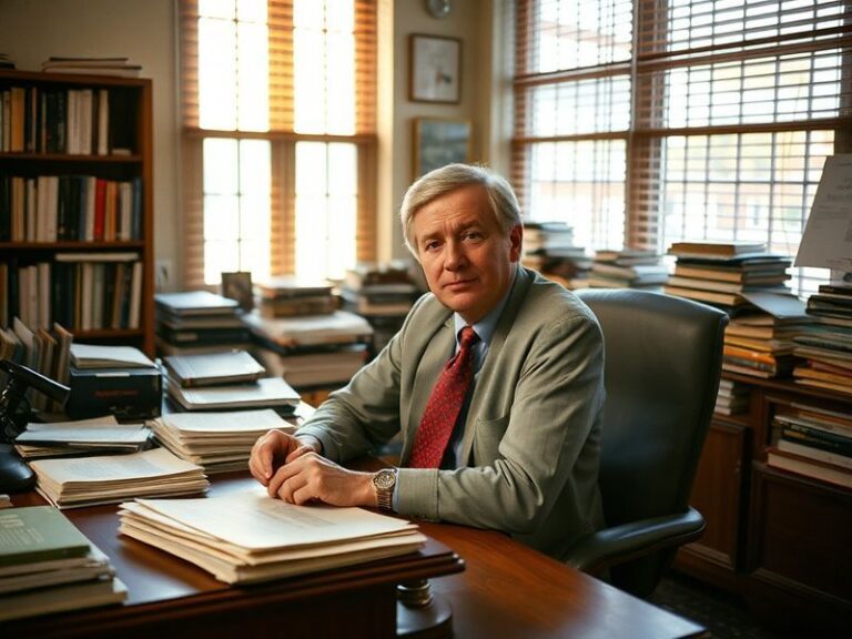 A professional portrait of Adam Liptak in a newsroom setting, surrounded by legal documents and a laptop displaying Supreme C