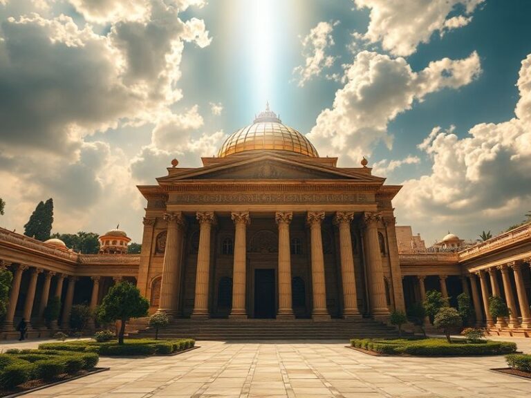 A detailed illustration of Solomon’s temple in Jerusalem, depicting its grandeur and the divine presence descending as fire f