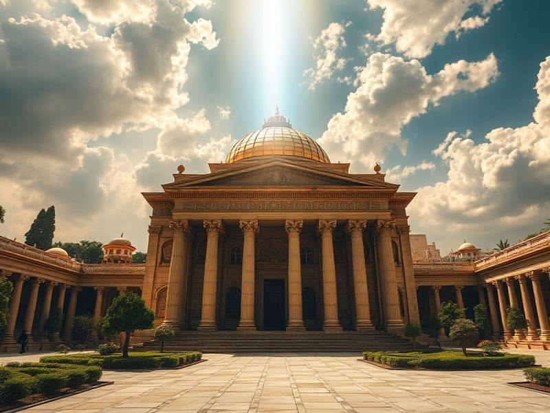 A detailed illustration of Solomon’s temple in Jerusalem, depicting its grandeur and the divine presence descending as fire f