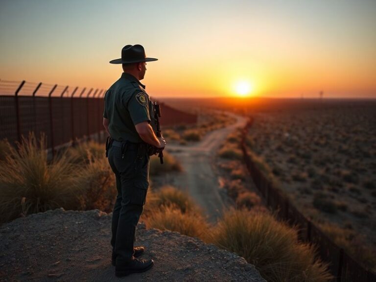 A Border Patrol agent in uniform standing near a section of the U.S.-Mexico border fence, with a desert landscape and distant