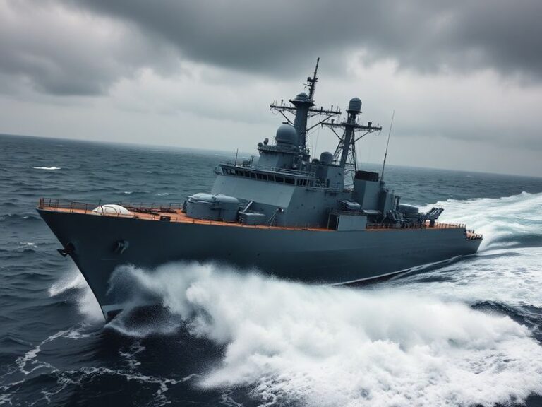 A high-angle shot of a modern guided-missile destroyer cutting through ocean waves, with its angular stealth design and radar