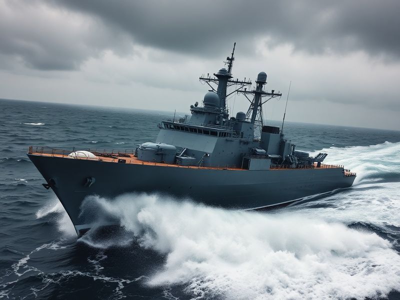 A high-angle shot of a modern guided-missile destroyer cutting through ocean waves, with its angular stealth design and radar