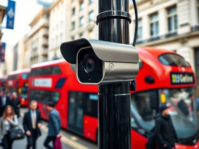 A split-image scene: on one side, a modern UK city street with blurred surveillance cameras mounted on streetlights; on the o