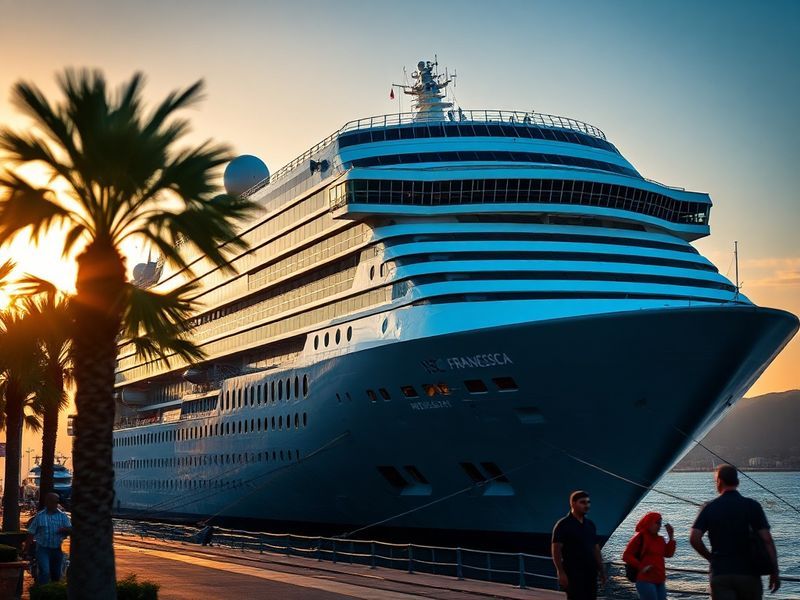 A vibrant image of the MSC Francesca docked at a Mediterranean port, showcasing its sleek blue and white exterior, with passe