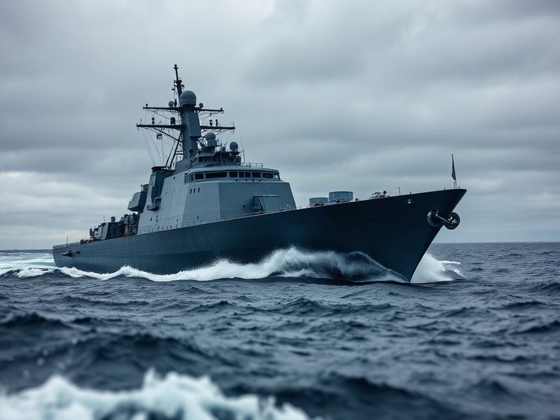 A futuristic aircraft carrier sailing at sunset, with advanced destroyers and submarines in formation behind it. The scene hi