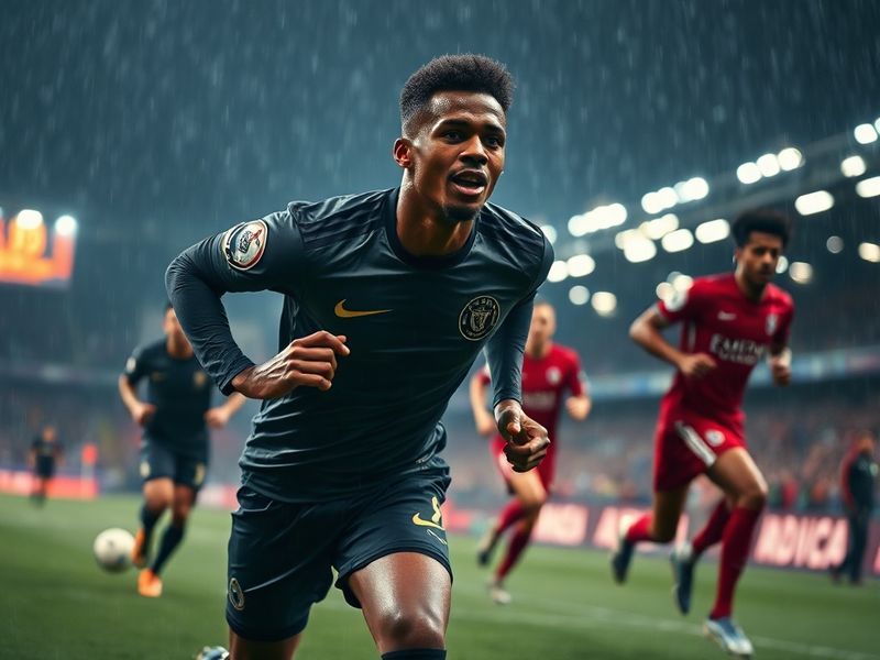 A dynamic action shot of Aurélien Tchouaméni in a Real Madrid jersey, mid-match, controlling the ball with his chest while sc