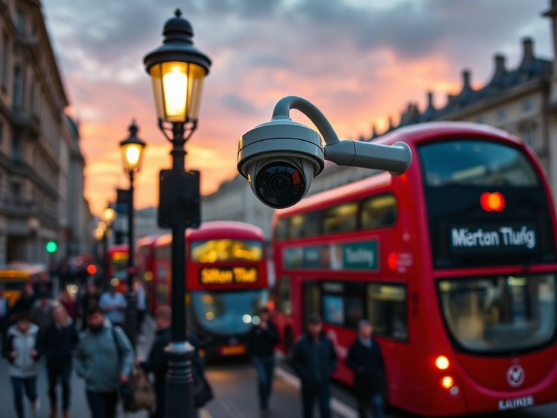A split-image illustration showing a crowd in a city square with one side depicting surveillance cameras scanning faces and t