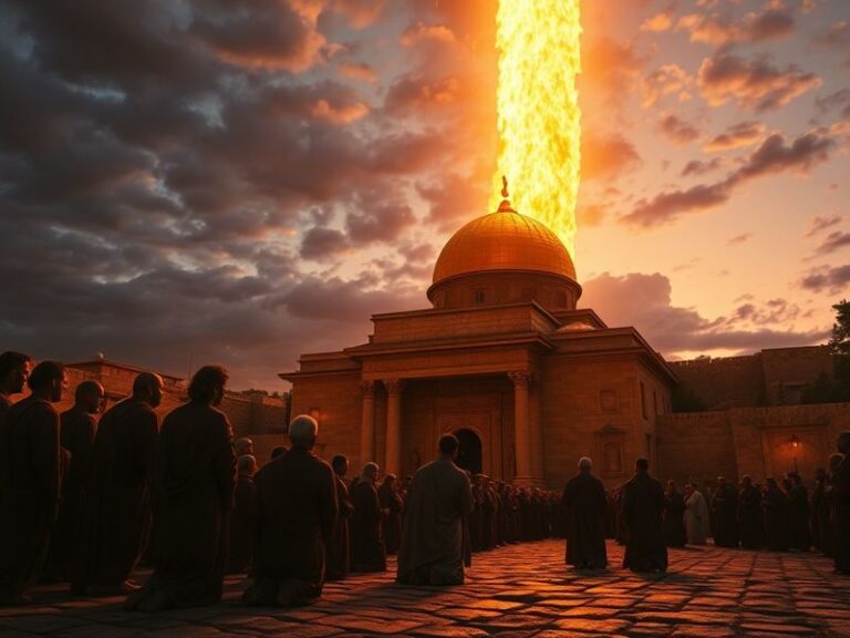 An ancient stone temple with golden elements, surrounded by olive trees under a starry night sky, symbolizing God's covenant