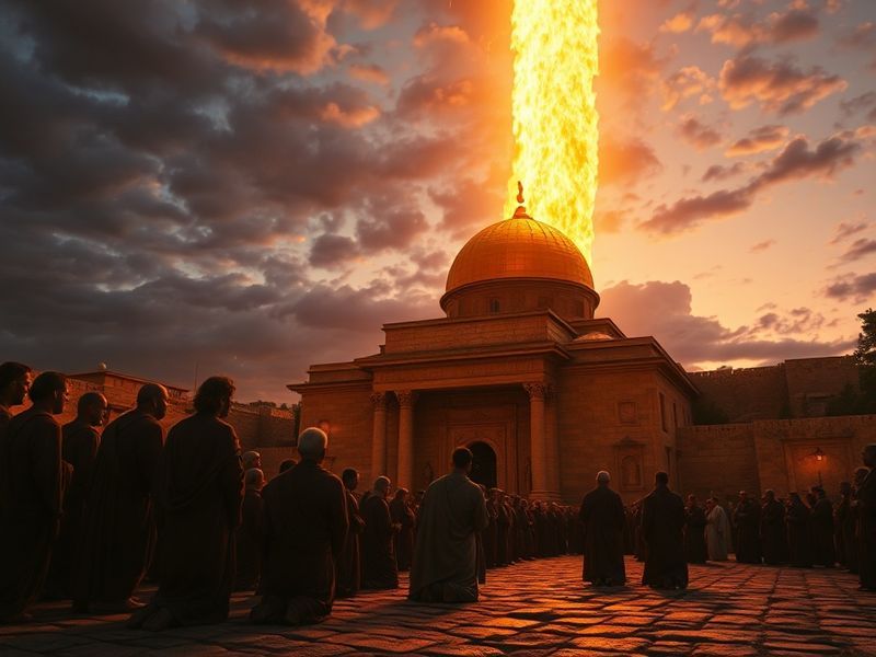 An ancient stone temple with golden elements, surrounded by olive trees under a starry night sky, symbolizing God's covenant