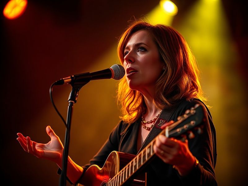 A candid live performance shot of Holly Humberstone on stage, bathed in soft blue and warm orange lighting. She holds a micro