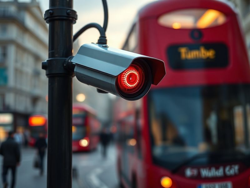 A split image showing a police officer monitoring a crowd via facial recognition software on a laptop, juxtaposed with a blur