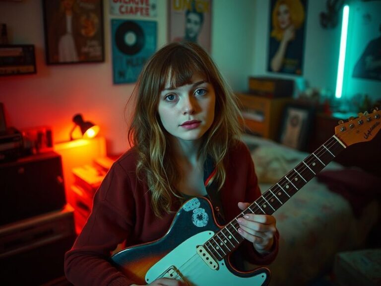 A moody, cinematic photo of Holly Humberstone performing on stage, bathed in neon lights with a synth-pop aesthetic, conveyin