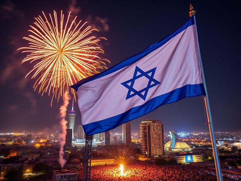 A vibrant cityscape of Tel Aviv at night during Yom HaAtzmaut, with fireworks lighting up the sky, Israeli flags waving, and