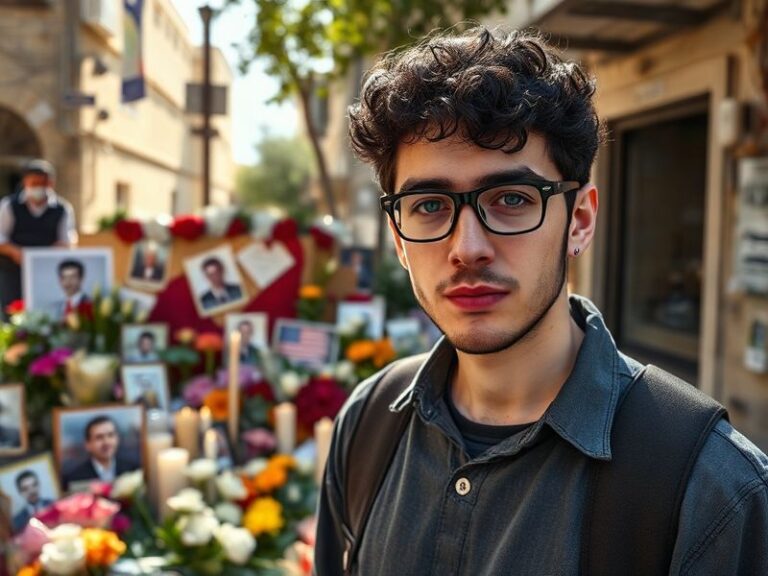 A split-image illustration: on the left, a young man with a determined expression in a crowded protest; on the right, the sam