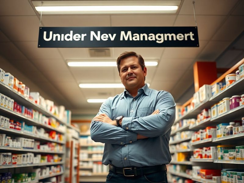 A clean, modern pharmacy counter with a digital screen displaying transparent drug pricing. The background shows a minimalist