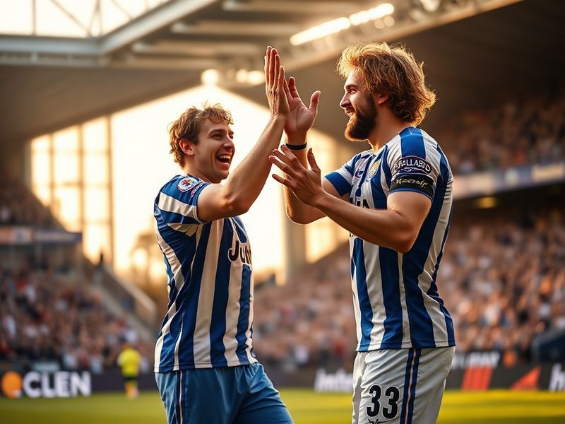 Jimmy Bullard and Adam Thomas laughing together on a football pitch, dressed casually in sportswear, with a stadium blurred i