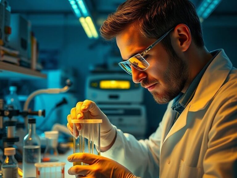 A diverse group of scientists in a modern laboratory collaborating over microscopes and computer screens, with global landmar