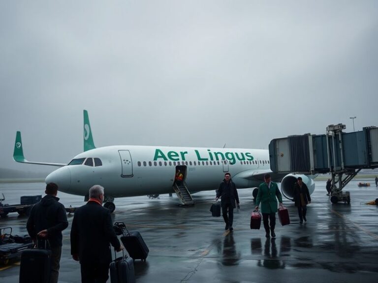A busy Dublin Airport terminal with Aer Lingus planes on the tarmac, passengers waiting at gates, and visible weather-related