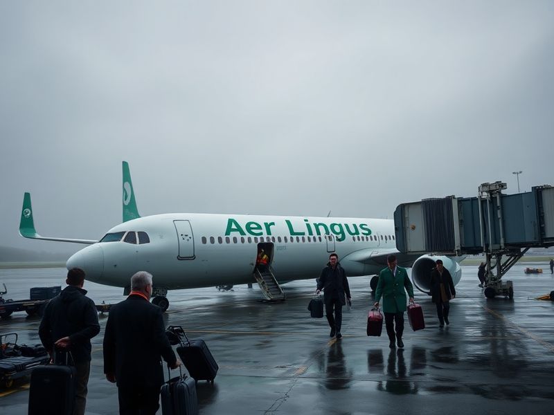 A busy Dublin Airport terminal with Aer Lingus planes on the tarmac, passengers waiting at gates, and visible weather-related