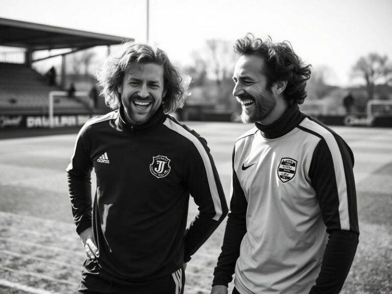 A candid photo of Jimmy Bullard and Adam Thomas embracing on a football pitch, with Bullard in a Hull City kit and Thomas in