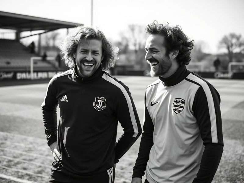 A candid photo of Jimmy Bullard and Adam Thomas embracing on a football pitch, with Bullard in a Hull City kit and Thomas in