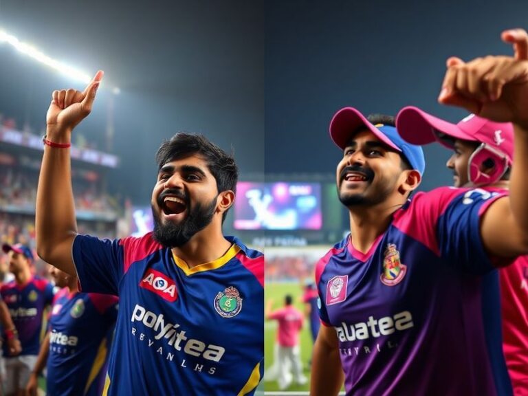 A dynamic action shot of a batsman from LSG or RR playing a shot during a high-stakes IPL match, with the stadium crowd blurr