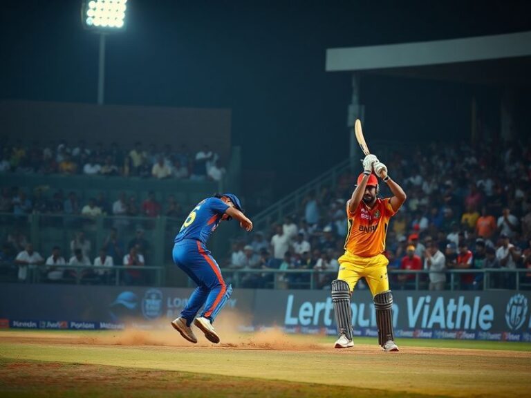 A vibrant IPL stadium scene at night, showing LSG players in purple and gold celebrating with RR players in blue and gold, wi