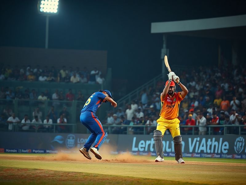A vibrant IPL stadium scene at night, showing LSG players in purple and gold celebrating with RR players in blue and gold, wi