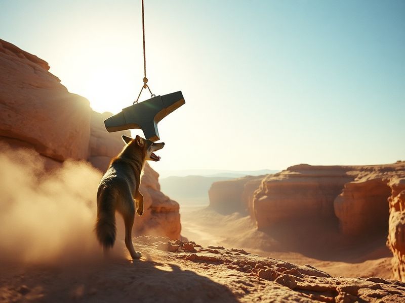 A split-screen image: on the left, Wile E. Coyote mid-fall after an Acme anvil crushes him; on the right, a modern courtroom