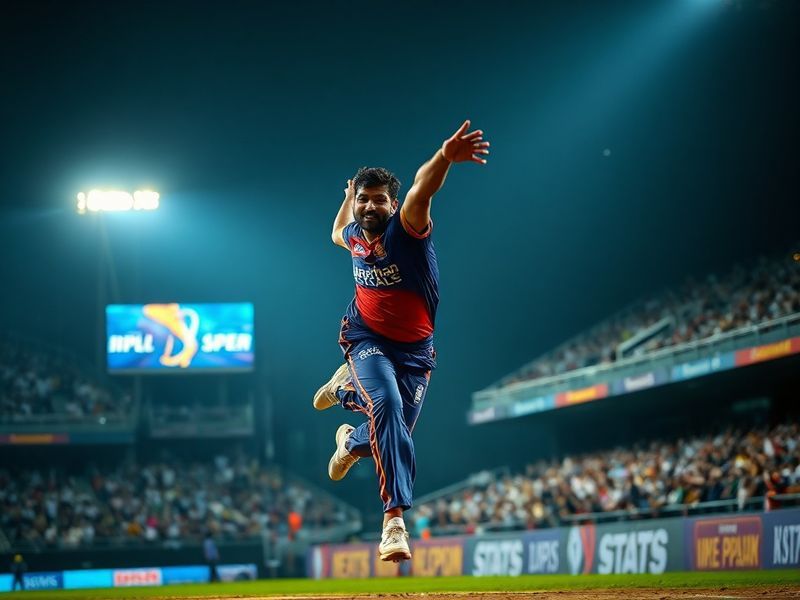 A vibrant shot of the Sawai Mansingh Stadium in Jaipur during an evening IPL match, with floodlights illuminating the field,